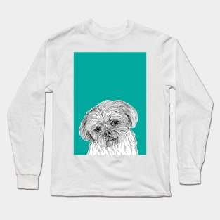 Shih Tzu Dog Portrait ( teal background ) Long Sleeve T-Shirt